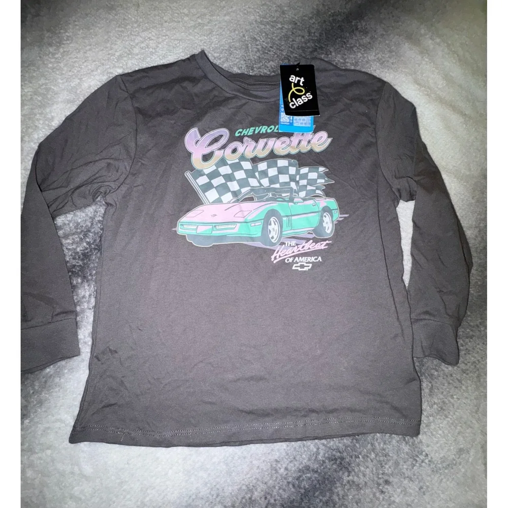 (A2) Art Class Chevrolet Corvette Long Sleeve Graphic Tee Gray Kids S 6-7 NWT